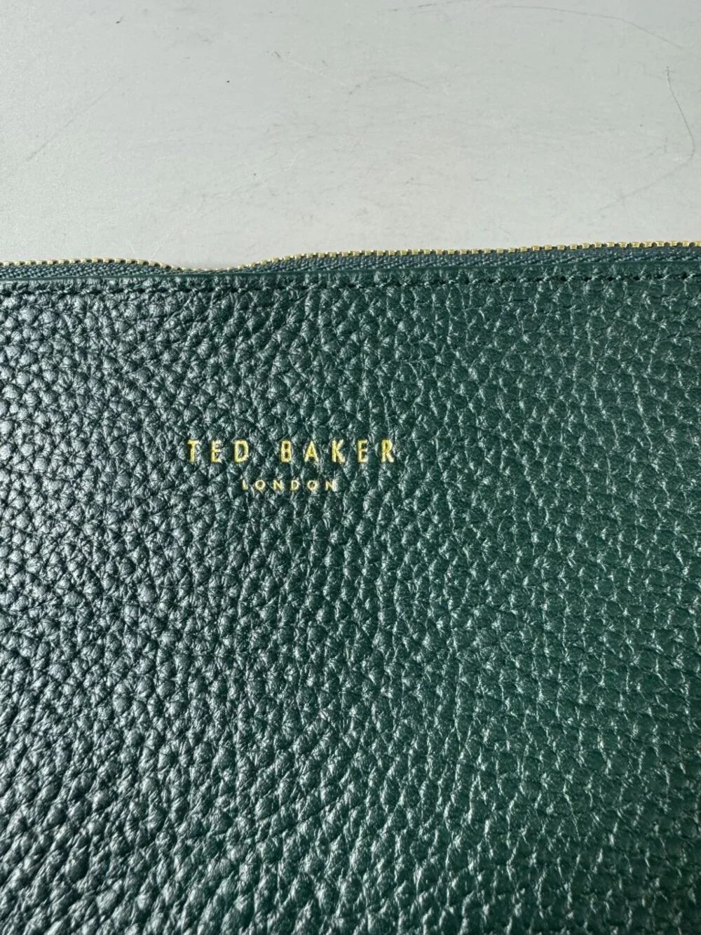 Ted Baker London Solid Green Zip Pouch Gold Hardware Logo Accent